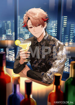 1boy alternate_costume black_shirt blurry blurry_foreground bottle cityscape collared_shirt colored_tips commentary_request copyright_notice drink earrings flipped_hair floral_print holding holding_drink indoors isamu jewelry looking_at_viewer male_focus margarita_glass multicolored_hair multiple_earrings nijisanji official_art patterned_clothing pink_hair red_eyes red_hair sample_watermark seraph_dazzlegarden shirt short_hair smile solo table upper_body virtual_youtuber watermark window