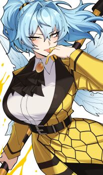 1girl absurdres angela_(project_moon) ascot bee_wings belt blue_hair breasts coat collared_shirt commentary_request cowboy_shot e.g.o_(project_moon) formal_clothes highres holding holding_polearm holding_weapon honey honeycomb_(pattern) hornet_(e.g.o) insect_wings large_breasts library_of_ruina licking licking_hand lobotomy_corporation looking_at_viewer polearm ponytail project_moon queen_bee_(project_moon) shirt simple_background solo suit tongue tongue_out vvernerluniq weapon white_background white_shirt wings yellow_eyes yellow_suit