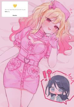 !? 2girls ^^^ bed_sheet black_hair blonde_hair blue_eyes blush breasts chibi chibi_inset cleavage cleavage_cutout clothing_cutout come_hither commentary dress gloves gradient_hair hat heart highres hoshino_ichika_(project_sekai) jacket long_hair looking_at_viewer lying mu_ri003 multicolored_hair multiple_girls nurse nurse_cap on_back on_bed open_mouth pencil_skirt pink_dress pink_eyes pink_gloves pink_hair project_sekai puffy_short_sleeves puffy_sleeves request_inset short_sleeves skirt smile sweatdrop tenma_saki translated twintails