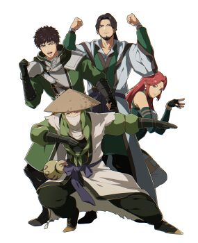 Rule 34 | 1girl, 3boys, absurdres, beard, black hair, brown eyes, chinese clothes, facial hair, gourd, green eyes, green hanfu, hanfu, hat, highres, igusaharu, mask, mouth mask, multiple boys, pang tong (shin sangoku musou), red hair, shin sangoku musou, shin sangoku musou origins, simple background, straw hat, twitter username, white background, xu shu (shin sangoku musou), yueying (shin sangoku musou), zhuge liang (shin sangoku musou)