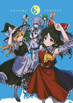 5girls apron arm_up armpits ascot between_fingers black_hair black_hairband black_hat black_skirt black_vest blonde_hair blue_background blue_dress blue_eyes blue_hair bob_cut bow braid broom closed_mouth collared_shirt commentary_request copyright_name detached_sleeves dress frilled_bow frilled_hair_tubes frilled_skirt frills frog_hair_ornament green_bow green_eyes green_hair green_skirt green_vest grey_hair grin hair_bow hair_ornament hair_tubes hairband hakurei_reimu hat hat_bow highres holding holding_broom holding_knife holding_sword holding_weapon izayoi_sakuya katana kirisame_marisa knife kochiya_sanae konpaku_youmu long_hair looking_at_viewer maid maid_headdress making-of_available multiple_girls noriuma ofuda ofuda_between_fingers puffy_short_sleeves puffy_sleeves red_bow red_eyes red_skirt ribbon-trimmed_sleeves ribbon_trim sheath sheathed shirt short_sleeves side_braid single_hair_tube skirt skirt_set smile snake_hair_ornament socks sword touhou twin_braids vest waist_apron weapon white_apron white_bow white_hair white_shirt white_sleeves white_socks witch_hat wrist_cuffs yellow_ascot yellow_eyes yin_yang
