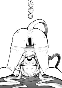 1girl anal_beads anus bar_censor blush censored clothes_pull clothing_request commentary_request greyscale highres long_hair monochrome no_pants nozomi_(blue_archive) okuva open_mouth pantyhose pantyhose_pull pointy_ears sex_toy solo_focus sweat tail teeth tongue very_long_hair white_pantyhose