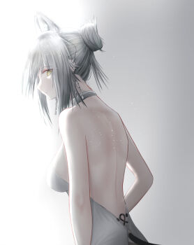 Rule 34 | 1girl, absurdres, alternate costume, animal ears, arknights, back, bare shoulders, breasts, closed mouth, dress, earrings, grey hair, hair bun, highres, jewelry, looking at viewer, looking to the side, medium breasts, medium hair, schwarz (arknights), sideboob, sidelocks, solo, tail, upper body, white background, white dress, wolf ears, wolf girl, woon, yellow eyes