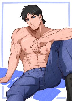 1boy abs absurdres artist_name bara black_hair blue_eyes blue_pants boots closed_mouth dc_comics dick_grayson highres kuroshinki large_pectorals looking_at_viewer male_focus muscular muscular_male navel nightwing nipples pants pectorals short_hair simple_background sitting solo topless_male veins veiny_arms young_justice