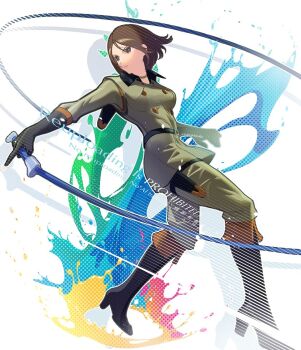 1girl back_holster belt black_belt black_boots boots breasts brown_eyes brown_hair buttons choker closed_mouth cofffee double-breasted full_body gloves green_jacket green_pants greyscale high_belt high_heel_boots high_heels holding holding_whip holster jacket jewelry knee_boots looking_ahead medium_breasts military_uniform monochrome paint_splatter pants short_hair solo the_king_of_fighters thigh_holster whip whip_(kof)