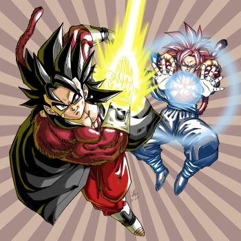 big_bang_kamehameha black_hair blue_eyes blue_sash body_fur dougi dragon_ball dragon_ball_gt dragon_ball_heroes earrings energy_blade forest_1988 gloves gogeta incoming_attack jewelry kamehameha_(dragon_ball) long_hair looking_at_viewer male_focus metamoran_vest monkey_boy monkey_tail multiple_boys muscular muscular_male no_nipples open_mouth pants pectorals potara_earrings powering_up red_fur red_hair saiyan sash spiked_hair super_saiyan super_saiyan_4 tail time_patrol_(dragon_ball) vegetto vegetto_(xeno) white_pants