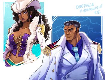 1boy 1girl absurdres antlers black_hair blue_necktie blue_shirt closed_mouth coat coat_on_shoulders collared_shirt commentary cosplay cowboy_hat cross cross-laced_clothes cross-laced_top dalinar_kholin dark-skinned_female dark_skin earrings english_commentary epaulettes fur-trimmed_coat fur_trim hand_on_own_hip hat highres horns jasnah_kholin jewelry midriff monkey_d._garp monkey_d._garp_(cosplay) navel necktie nico_robin nico_robin_(cosplay) one_piece open_mouth pink_hat ponytail purple_eyes purple_lips purple_shirt reindeer_antlers shirt shuravf sideburns sidelocks sweatdrop the_stormlight_archive upper_body vest white_coat white_hat white_vest