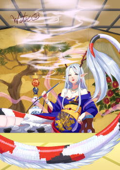 1girl architecture carp centauroid commentary_request dragon_girl dragon_horns east_asian_architecture hookah horns long_hair long_tail monster_girl original pointy_ears sidelocks smoke smoking solo tail taur watae_soubi white_hair yellow_eyes