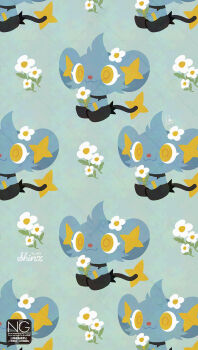 animal_focus black_fur blue_fur closed_mouth flower gen_4_pokemon grass hair_flower hair_ornament highres meme_(sleepsheep) nintendo no_humans pokemon pokemon_(creature) pokemon_focus shinx sitting smile tail yellow_eyes