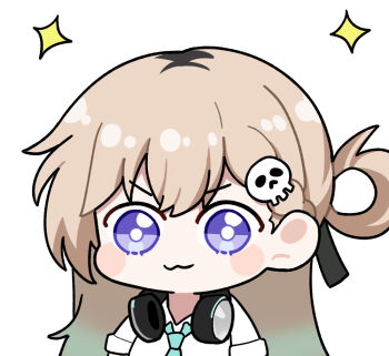 1girl :3 aqua_necktie blonde_hair closed_mouth commentary gradient_hair hair_ornament headphones headphones_around_neck long_hair lynae_(wuthering_waves) multicolored_hair necktie portrait purple_eyes shirt simple_background skull_hair_ornament solo sparkle sticker_(medium) twomoon v-shaped_eyebrows white_background white_shirt wuthering_waves