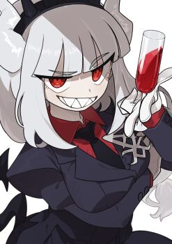 1girl absurdres alcohol black_necktie breasts cup demon_girl demon_horns drink drinking_glass female_focus formal_clothes gloves grin hairband helltaker highres holding holding_drink holding_drinking_glass horns long_hair long_sleeves looking_at_viewer lucifer_(helltaker) medium_breasts necktie red_eyes red_shirt red_wine sharp_teeth shirt sidelocks simple_background smile solo spiked_hairband spikes teeth very_long_hair white_background white_gloves white_hair wine wine_glass yuateheng