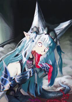 1girl absurdres arknights arknights:_endfield bare_shoulders blood blood_on_face blue_gloves blue_hair blue_hat breasts commentary eating english_commentary entrails gloves guro hat highres intestines last_rite_(arknights) long_hair looking_at_viewer open_mouth organs pointy_ears sanpaku solo tail tanoy upper_body very_long_hair