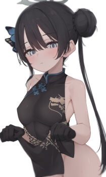 Rule 34 | 1girl, armpits, ass, bare shoulders, black dress, black gloves, black hair, blue archive, blue eyes, blunt bangs, blurry, blush, breasts, butterfly hair ornament, china dress, chinese clothes, closed mouth, clothes lift, covered erect nipples, covered navel, dragon print, dress, dress lift, gloves, groin, hair bun, hair ornament, halo, hands up, highres, kisaki (blue archive), lifting own clothes, long hair, looking at viewer, no panties, pelvic curtain, print dress, simple background, skirt hold, sleeveless, sleeveless dress, small breasts, solo, standing, twintails, white background, yuukun mk-ii