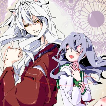 1boy 1girl animal_ears closed_eyes couple dog_ears happy height_difference hetero higurashi_kagome inuyasha inuyasha_(character) long_hair lowres mottimotti no_nose oekaki red_string smile string string_of_fate