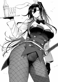 1girl absurdres animal_ears bottle bow bowtie breasts cleavage closed_mouth commentary_request fishnet_pantyhose fishnets glass gloves greyscale hair_between_eyes highres holding holding_tray kagura_(kagurai) kagurai_~kagura_and_raito~ large_breasts long_hair long_sleeves looking_at_viewer mashutarou_(neko_no_oyashiro) monochrome pantyhose playboy_bunny ponytail rabbit_ears simple_background solo sword tray vest weapon
