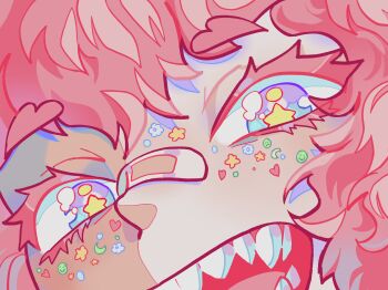 1girl artist_self-insert bandaid bandaid_on_face blue_eyes close-up commentary decora english_commentary eye_focus highres looking_at_viewer open_mouth original pink_hair sharp_teeth short_hair solo spybblez spybblez_(character) star-shaped_pupils star_(symbol) sticker sticker_on_face symbol-shaped_pupils teeth