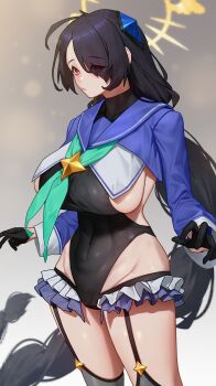 1girl absurdres ahoge black_gloves black_hair black_leotard black_thighhighs blue_archive blue_sailor_collar blue_shrug braid breasts cosplay covered_navel curvy frilled_thigh_strap gloves green_neckerchief groin hair_over_one_eye halo highleg highleg_leotard highres hinata_(blue_archive) large_breasts leotard long_hair looking_at_viewer neckerchief onbawa red_eyes sailor_collar shimiko_(blue_archive) shimiko_(blue_archive)_(cosplay) shimiko_(magical)_(blue_archive) shrug_(clothing) sideboob single_braid solo thigh_strap thighhighs thighs very_long_hair wide_hips yellow_halo
