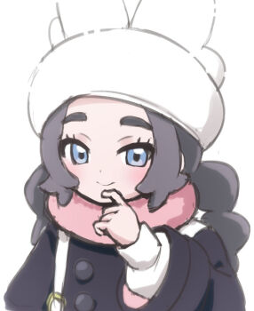 1girl akabashi_yuusuke ansha_(pokemon) black_coat blue_eyes closed_mouth coat commentary_request eyelashes hand_up happy hat long_hair long_sleeves looking_at_viewer nintendo pink_scarf pokemon pokemon_legends:_z-a scarf shirt simple_background smile solo twintails white_background white_hat white_shirt