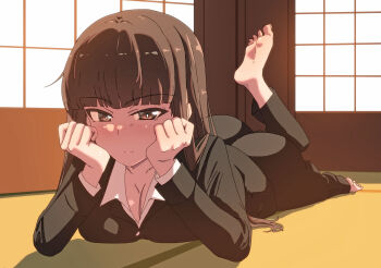 1girl barefoot black_jacket black_pants breasts brown_eyes brown_hair commentary_request girls_und_panzer highres indoors jacket jinguu_(4839ms) large_breasts long_hair looking_at_viewer lying mature_female nishizumi_shiho on_stomach pants shirt shouji sliding_doors solo white_shirt