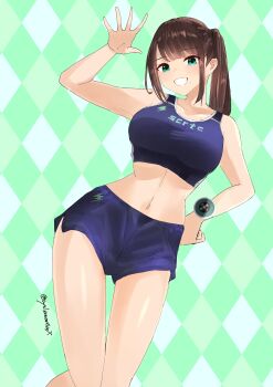 Rule 34 | 1girl, :d, absurdres, animification, argyle background, arm up, artist name, bare arms, bare legs, bare shoulders, blue shorts, blue sports bra, breasts, brown hair, collarbone, commentary, cowboy shot, crop top, curled fingers, cycloneactionx, green background, green eyes, grin, hand on own hip, hayami sena, highres, juuken sentai gekiranger, knees together feet apart, long hair, looking at viewer, mashin sentai kiramager, medium breasts, midriff, mole, mole under mouth, navel, open hand, open mouth, ponytail, short shorts, shorts, side ponytail, smile, solo, sports bra, spread fingers, super sentai, swept bangs, thighs, tokusatsu, twitter username, waving