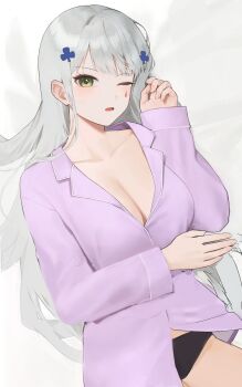 Rule 34 | 1girl, ;o, absurdres, black panties, blush, breasts, cleavage, collarbone, cross hair ornament, girls' frontline, grey hair, hair ornament, highres, hk416 (girls' frontline), kir (khw66136132), large breasts, long hair, looking at viewer, lying, one eye closed, open mouth, panties, pink shirt, shirt, solo, tattoo, teardrop facial mark, teardrop tattoo, underwear