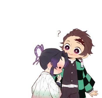 1girl alternate_universe animal_print blue_butterfly blush bug butterfly butterfly_hair_ornament butterfly_print butterfly_print_haori checkered_haori contemporary demon_slayer_uniform earrings hair_ornament hanafuda_earrings hand_up haori imminent_kiss insect japanese_clothes jewelry kamado_tanjirou kimetsu_no_yaiba kochou_shinobu lips lipstick makeup original pink_lips pkhoahue print_haori purple_butterfly scar scar_on_face scar_on_forehead short_hair simple_background smeared_lipstick updo white_background