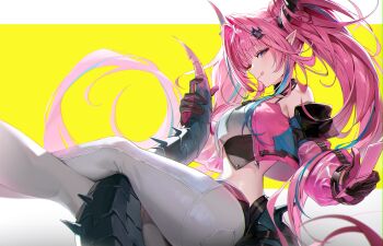 Rule 34 | 1girl, absurdres, arknights, arknights: endfield, black gloves, blue hair, breasts, commentary, cropped jacket, crossed legs, dragon girl, dragon horns, gloves, hair ornament, highres, holding own tail, horns, jacket, long hair, long sleeves, multicolored gloves, multicolored hair, open clothes, open jacket, pants, pink gloves, pink hair, pointy ears, ryugisa, simple background, solo, streaked hair, tail, tongue, tongue out, two-sided gloves, two-tone background, two-tone gloves, very long hair, white pants, yellow background, yvonne (arknights)