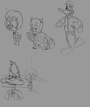 ayanami_rei ayanami_rei_(cosplay) bird cosplay daffy_duck duck egghead_jr. glasses ikari_shinji ikari_shinji_(cosplay) looney_tunes neon_genesis_evangelion pig porky_pig rebuild_of_evangelion school_uniform sketch souryuu_asuka_langley souryuu_asuka_langley_(cosplay) tagme tokyo-3_middle_school_uniform traditional_media