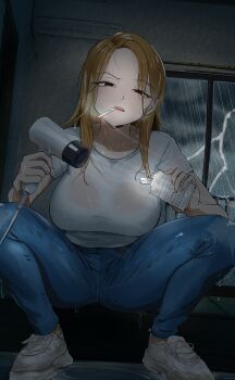 1girl absurdres annoyed apartment blonde_hair breasts brown_eyes check_commentary cigarette cigarette_pack cloud cloudy_sky commentary_request denim dripping hair_dryer highres holding holding_cigarette_pack holding_hair_dryer indoors jeans large_breasts lightning long_hair original pants puddle rain sharp_teeth shoes sky smoking sneakers solo squatting storm takusijun77 teeth wet wet_clothes window