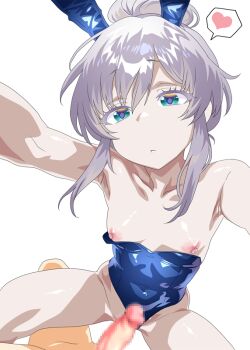 1boy 1girl animal_ears assertive_female blue_eyes breasts breasts_out censored clothed_female_nude_male collarbone deux_murasame expressionless fake_animal_ears freckles gundam gundam_gquuuuuux hair_bun heart imminent_penetration long_hair looking_at_viewer minazuki_noumu mosaic_censoring nipples nude penis playboy_bunny pov rabbit_ears simple_background single_hair_bun small_breasts spoken_heart white_hair