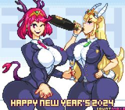 Rule 34 | 2024, 2girls, alcohol, alternate costume, blonde hair, breasts, chinese zodiac, coat, countmoxi, cup, drinking glass, drunk, english text, glass, glass bottle, gradient background, hand on own hip, horns, huge breasts, long hair, looking at viewer, multiple girls, nails, necktie, one eye closed, open mouth, pixel art, pyra (xenoblade), red eyes, short hair, smile, tail, teeth, upper teeth only, wine glass, xenoblade chronicles (series), xenoblade chronicles 2, yellow eyes