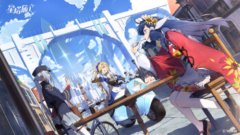 3girls absurdres ahoge black_jacket blonde_hair blue_hair blue_shrug blunt_tresses breasts brown_bag cake cake_slice chair chinese_commentary commentary_request dutch_angle eating floral_print floral_print_kimono flower food freesia_(stella_sora) grey_skirt hair_flower hair_ornament highres jacket japanese_clothes kimono long_hair long_sleeves maid maid_headdress medium_breasts miniskirt multiple_girls nanoha_(stella_sora) official_art on_chair on_scooter orange_eyes outdoors pantyhose pleated_skirt print_kimono puffy_short_sleeves puffy_sleeves purple_eyes red_kimono red_shirt round_table salute shirt short_sleeves shrug_(clothing) side_ponytail simple_background skirt stella_sora strawberry_shortcake sunflower sunflower_hair_ornament sunflower_print table thighhighs tilia_(stella_sora) utensil_in_mouth wa_maid waving white_pantyhose white_thighhighs