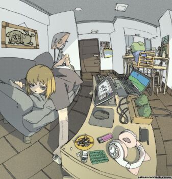 Rule 34 | 1boy, 1girl, animal ear headphones, animal ears, apartment, arm tattoo, ashtray, bliss (image), blonde hair, blue eyes, blue shirt, blush, brown shirt, cat ear headphones, cat ears, chair, cigarette, computer, computer mouse, couch, fake animal ears, fisheye, headphones, holding, holding phone, lamp, laptop, lighter, lying, medium hair, microsoft windows, no pants, on stomach, original, panties, pantsu-ripper, pepe the frog, phone, pill, plant, potted plant, shirt, sidelocks, sitting, table, tattoo, underwear, wacom, white panties, windows xp