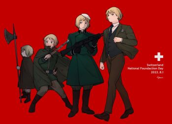 1boy age_progression axe axis_powers_hetalia baggy_pants battle_axe belt beret black_belt black_boots black_socks black_vest blonde_hair blue_eyes blue_necktie boots breast_pocket brown_cape brown_jacket brown_pants brown_shoes buttons cape child clenched_hand closed_mouth coat collared_coat collared_shirt covered_mouth cross cross_print dated english_text evolution floating_cape floating_clothes flower formal_clothes green_cape green_coat green_eyes green_shirt grey_pants gun half-closed_eyes hand_up hands_up hat holding holding_axe holding_gun holding_sword holding_weapon jacket long_sleeves looking_at_viewer looking_to_the_side male_focus mi_aph_to military military_hat military_uniform necktie open_clothes open_jacket pants pocket red_background rifle shirt shoes short_hair signature simple_background sniper_rifle socks suit suit_jacket switzerland_(hetalia) sword vest walking weapon white_flower white_hat white_shirt