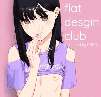1girl adversarial_noise black_hair brown_eyes clothes_lift cum cum_on_body cum_on_upper_body english_text facial flat_chest highres kbrg loli long_hair looking_at_viewer nipples original paid_reward_available pink_background pink_nails purple_shirt shirt shirt_lift solo typo upper_body watermark webp-to-png_conversion