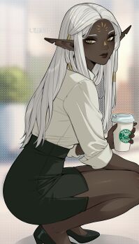 1girl absurdres blurry blurry_background cithis coffee coffee_mug commentary cup dark-skinned_female dark_elf dark_skin dungeon_meshi elf english_commentary high_heels highres holding holding_cup long_hair looking_at_viewer mug office_lady pointy_ears shirt solo squatting very_dark_skin white_hair white_shirt yellow_eyes yiiande