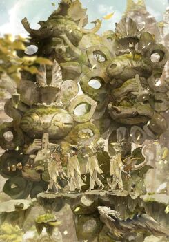 1girl 3boys absurdres bird black_hair blonde_hair blurry chakotata cliff cloak closed_eyes commentary_request creature day depth_of_field facing_up falling_leaves fantasy floating floating_island floating_object from_side grey_hair grey_pants hair_over_shoulder hat hat_feather highres holding holding_instrument horn_(instrument) instrument leaf light_particles long_hair low_ponytail multi-tied_hair multiple_boys music original outdoors pants pink_hair playing_instrument ponytail queue red_ribbon ribbon road sandals short_hair sky statue twintails uniform very_long_hair walking