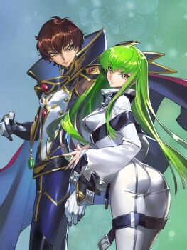 1boy 1girl ass bodysuit breasts brown_hair c.c. cape character_request code_geass green_eyes green_hair highres king_kozuki kururugi_suzaku long_hair looking_at_viewer medium_breasts open_mouth own_hands_together skin_tight strap very_long_hair white_bodysuit yellow_eyes