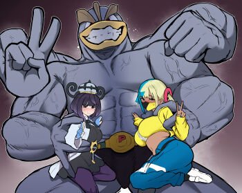 2girls absurdres canari_(pokemon) gen_1_pokemon gwynn_(pokemon) highres jakky_jakigann machamp multiple_girls nintendo pokemon pokemon_(creature) pokemon_legends:_z-a