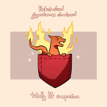 charizard colored_skin dynamax english_text fire gen_1_pokemon gigantamax gigantamax_charizard in_pocket lydialing_draws nintendo no_humans open_mouth orange_skin pocket pokemon pokemon_(creature) pokemon_focus solo star_(symbol) tail