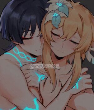 1boy 1girl bare_shoulders black_hair blonde_hair blue_flower blunt_ends closed_eyes closed_mouth couple eyelashes eyeliner eyeshadow flower genshin_impact glowing_flower glowing_markings grey_background hair_flower hair_ornament hands_on_another&#039;s_shoulders head_tilt heads_together hetero holding_another&#039;s_wrist hug hug_from_behind lumine_(genshin_impact) makeup meilynn-hayakan multicolored_flower red_eyeliner red_eyeshadow scaramouche_(genshin_impact) short_hair short_hair_with_long_locks sidelocks smile topless_female topless_male twitter_username wanderer_(genshin_impact) white_flower