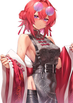 Rule 34 | 1girl, absurdres, alternate breast size (larger), ange katrina, ange katrina (china dress), bare shoulders, belt, black belt, blush, breasts, chain, china dress, chinese clothes, commentary request, contrapposto, cowboy shot, crossed bangs, double bun, dress, eyewear on head, floral print jacket, grey-framed eyewear, grey dress, groin, hair between eyes, hair bun, hair ornament, highres, hot, jacket, long bangs, looking at viewer, medium breasts, multiple belts, nail polish, nijisanji, pankou, parted lips, purple-tinted eyewear, purple eyes, red hair, red jacket, red nails, removing jacket, side slit, sideboob, simple background, sleeveless, sleeveless dress, solo, sweat, tassel, tassel hair ornament, tinted eyewear, variant set, viet (yomi0556), virtual youtuber, white background, x hair ornament