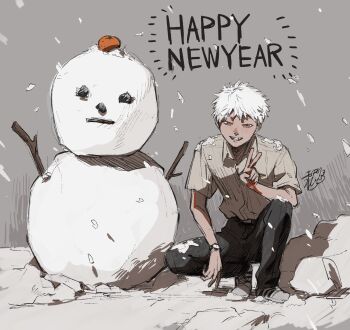 1boy black_pants collared_shirt commentary_request full_body grin happy_new_year highres hikaru_ga_shinda_natsu indou_hikaru looking_at_viewer male_focus mokumokuren_(mokmok_len) new_year official_art pants red_pupils shirt shoes short_hair signature smile snow snowing snowman squatting v watch white_hair white_shirt white_shoes wristwatch