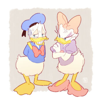 1boy 1girl anger_vein bird blue_eyes bow daisy_duck disney donald_duck duck duck_boy full_body hair_bow hat humanization jewelry kiri_futoshi lowres mickey_mouse_&amp;_friends personification puffy_sleeves short_hair short_sleeves