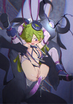 1boy 1girl abutomato aki_mabayu anus armpits blue_boots blue_hat blush boots breasts censored commentary_request gloves green_hair hair_over_one_eye hat highres long_hair magia_record:_mahou_shoujo_madoka_magica_gaiden mahou_shoujo_madoka_magica medium_breasts monster mosaic_censoring navel nipples open_mouth penis purple_eyes pussy restrained torn_clothes white_gloves