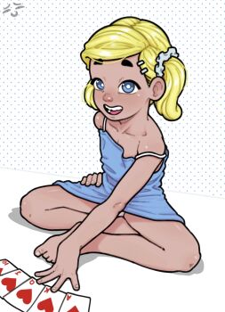 1girl ace_(playing_card) ace_of_hearts alice_(raikuz) barefoot blonde_hair blue_dress blue_eyes blush card collarbone dress flat_chest hair_ornament hairclip heart hearts_(playing_card) jack_(playing_card) jack_of_hearts king_(playing_card) king_of_hearts_(playing_card) loli looking_at_viewer open_mouth original panties panty_peek playing_card polka_dot polka_dot_background queen_(playing_card) queen_of_hearts_(playing_card) raikuz scrunchie short_hair sitting sleeveless sleeveless_dress smile strap_slip teeth ten_of_hearts twintails underwear white_background white_panties