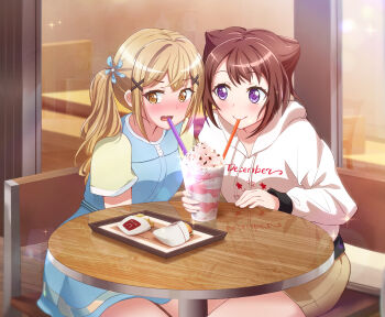 2girls bang_dream! blonde_hair blue_dress blush brown_eyes brown_hair burger cafe dating dress drink food french_fries hair_ears highres holding holding_drink hood hoodie ichigaya_arisa indirect_kiss long_hair looking_at_another looking_to_the_side multiple_girls nekoai poppin&#039;party purple_eyes shared_drink short_hair short_sleeves sitting toyama_kasumi twintails white_hoodie yuri