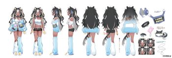 1girl absurdres ahoge animal_ear_fluff animal_ears bandaid bandaid_on_leg black_choker black_hair black_shorts blonde_hair blue_eyes blue_jacket choker color_guide commentary copyright_name copyright_notice dark-skinned_female dark_skin dog_ears dog_girl dog_tail english_commentary full_body hair_ornament hairclip headphones headset highres jacket multiple_expressions multiple_views official_art paw_print rara_rocora reference_sheet second-party_source short_shorts shorts slippers star_(symbol) star_hair_ornament tail torn_clothes translation_request two_side_up v4mirai virtual_youtuber white_slippers yonako_(123456nya)