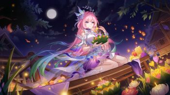 1girl absurdres artist_request bare_shoulders candle commentary cyrene_(honkai:_star_rail) cyrene_(ripples_of_past_reverie)_(honkai:_star_rail) dress english_commentary flower full_moon hair_flower hair_ornament high_heels highres holding honkai:_star_rail honkai_(series) long_hair moon night night_sky outdoors pink_hair pointy_ears purple_eyes second-party_source shoes short_sleeves sky smile solo very_long_hair white_dress