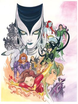 6+girls armor black_hair black_lips black_nails blonde_hair blue_skin bodysuit brown_hair cape colored_skin commentary_request dark_persona dark_phoenix deathbird dress earrings enchantress_(marvel) eyeshadow fake_horns fingernails fire gloves green_dress green_eyeshadow green_lips green_tiara grey_eyes hela_(marvel) helmet highres horned_helmet horns jean_grey jewelry lady_deathstrike lilith_(marvel) long_fingernails long_hair looking_at_viewer looking_to_the_side looking_up makeup marvel mary_macpherran mature_female mole mole_above_mouth morgan_le_fay_(marvel) multiple_girls mystique necklace official_art peach_momoko phoenix_(x-men) profile purple_armor pyrokinesis red_bodysuit red_hair rogues'_gallery sharp_fingernails skull_belt skull_necklace spiked_armor spikes superhero_costume thor_(marvel)_(series) titania_(marvel) white_dress white_skin x-men yellow_eyes yellow_gloves yuriko_oyama